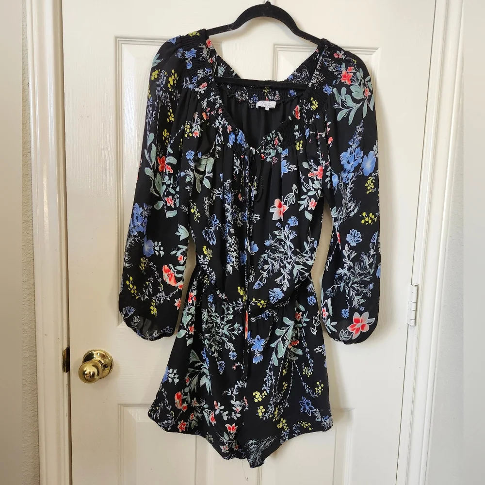 Parker Navy Blue Floral Long Sleeve Short Romper S